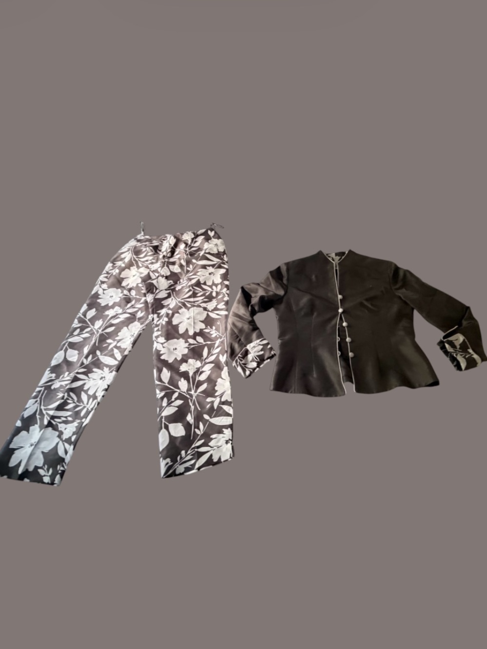 Black Floral Wide-Leg Silk Pants & Black Jacket Set